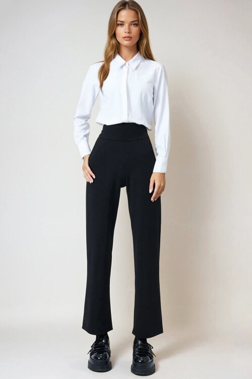 Siyah Geniş Kemerli Çift Cepli Palazzo Pantolon