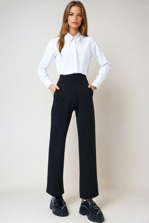 Siyah Geniş Kemerli Çift Cepli Palazzo Pantolon