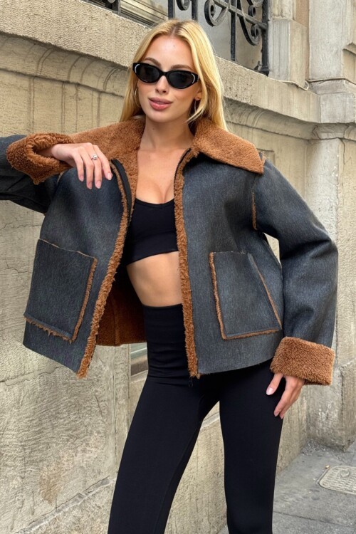 Siyah Kahve Çift Cepli İçi Suni Kürklü Suni Deri Biker Ceket