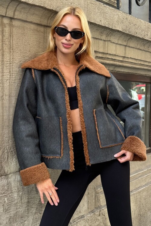 Siyah Kahve Çift Cepli İçi Suni Kürklü Suni Deri Biker Ceket