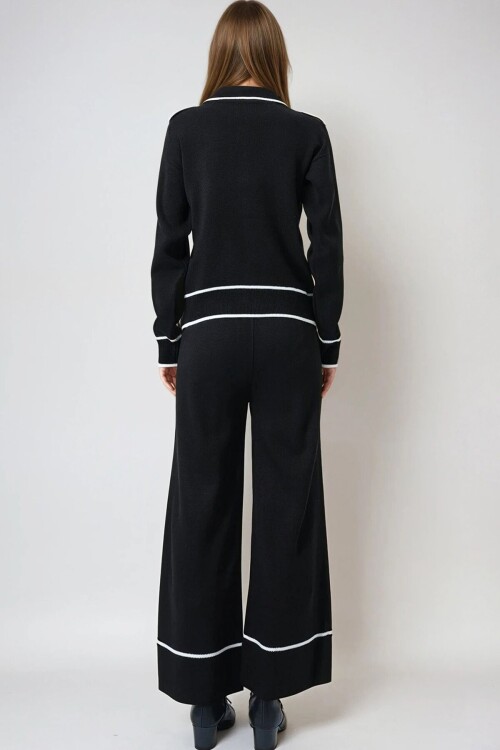 Siyah Kontrast Biyeli Polo Yaka Triko Hırka Ve Pantolon Takım