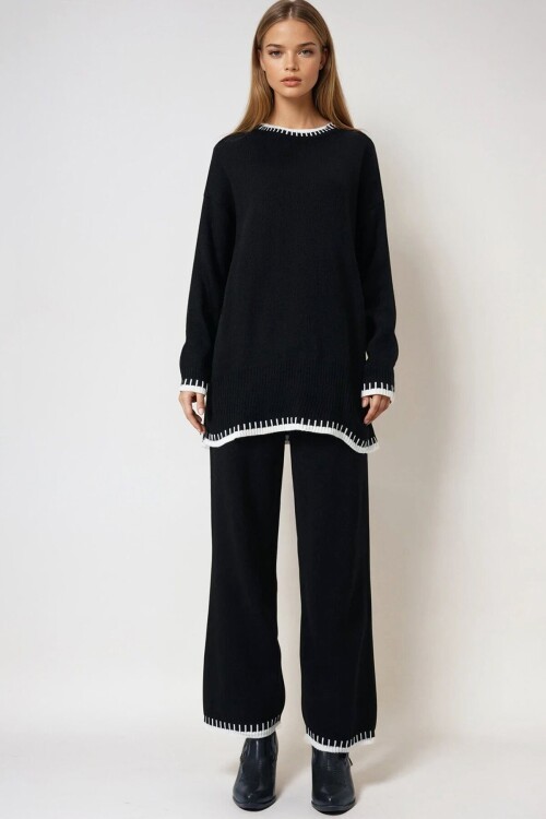 Siyah Kontrast Biyeli Triko Kazak Ve Pantolon Takım