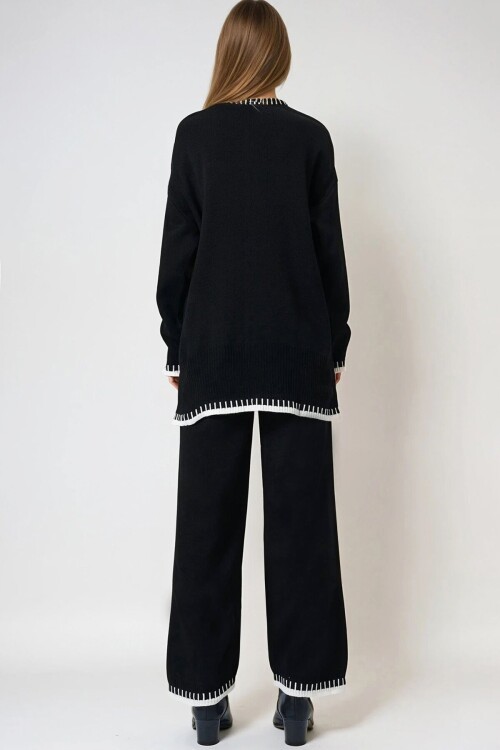 Siyah Kontrast Biyeli Triko Kazak Ve Pantolon Takım