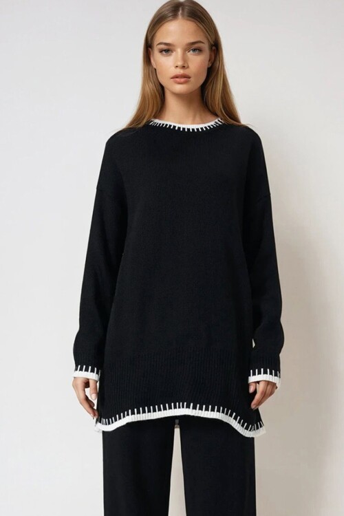 Siyah Kontrast Biyeli Triko Kazak Ve Pantolon Takım