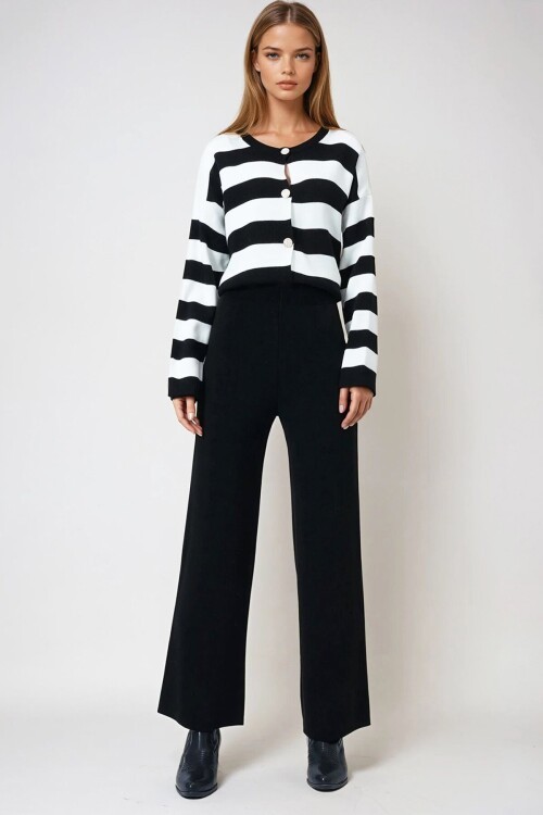 Siyah Yüksek Bel Beli Lastikli Triko Palazzo Pantolon