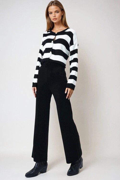 Siyah Yüksek Bel Beli Lastikli Triko Palazzo Pantolon