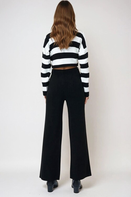 Siyah Yüksek Bel Beli Lastikli Triko Palazzo Pantolon
