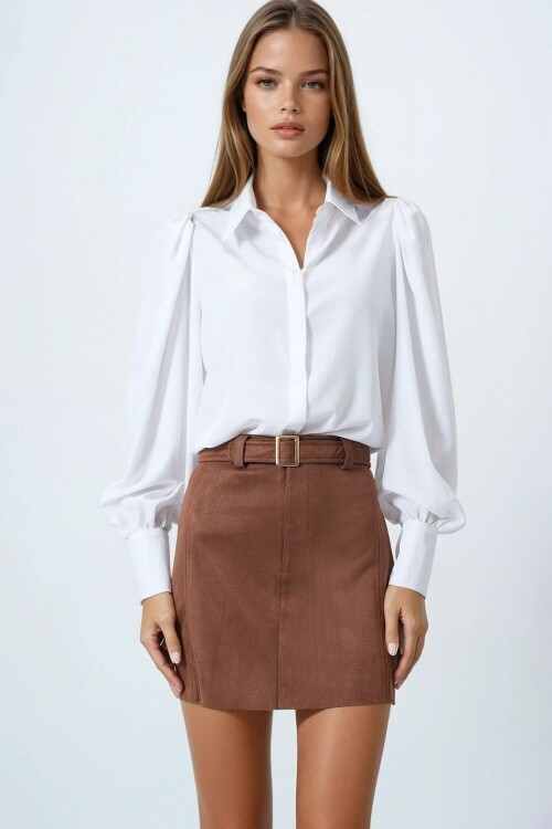 Taba Altın Tokalı Kemerli Süet Görünümlü Mini Etek