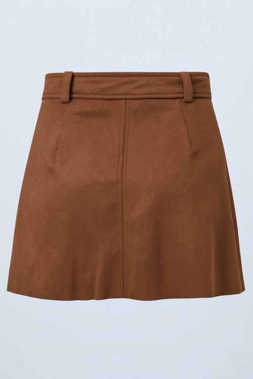 Taba Altın Tokalı Kemerli Süet Görünümlü Mini Etek