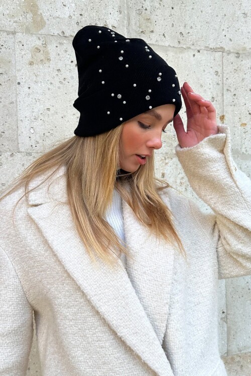 Siyah Taş İşlemeli Bere