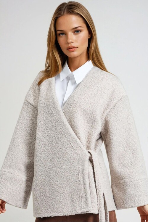 Taş Kruvaze Yaka Yandan Bağlamalı Premium Ceket