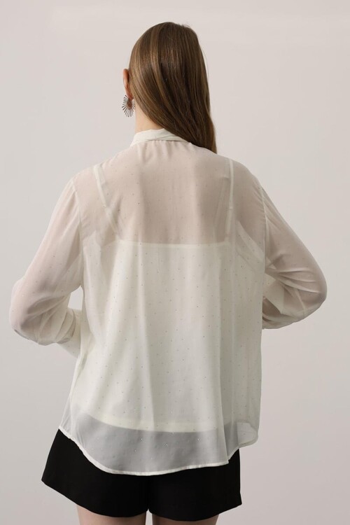 Taş Yapıştırma Detaylı Boyundan Bağlamalı Transparan Gömlek