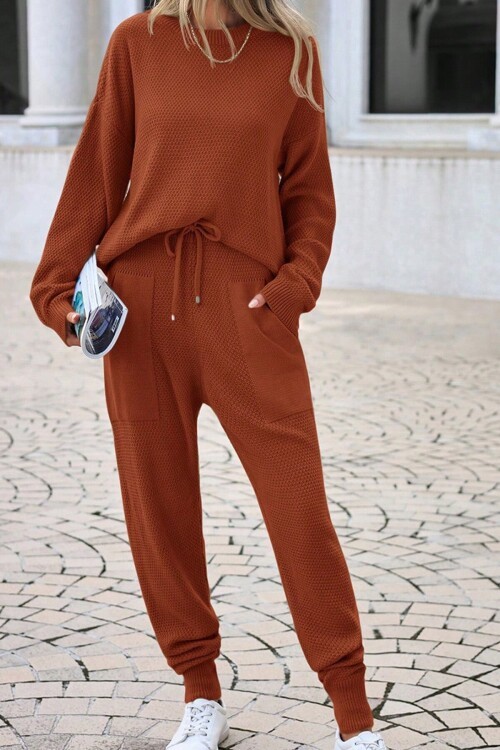 Kiremit Triko Bisiklet Yaka Uzun Kollu Bluz Ve Bağcıklı Jogger Pantolon Takım