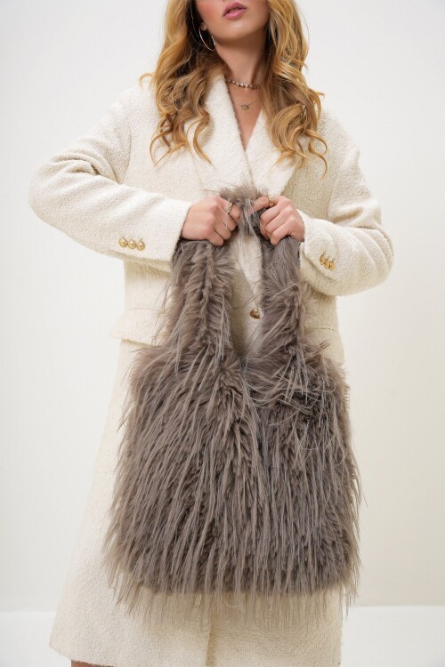 Vizon Tüylü Suni Kürk Büyük Boy Kol Çantası