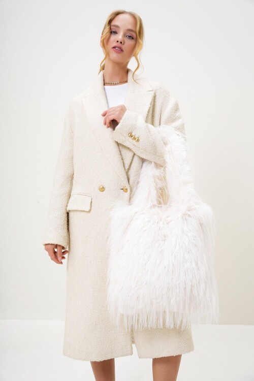 Ekru Tüylü Suni Kürk Büyük Boy Kol Çantası