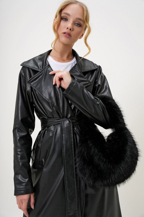 Siyah Tüylü Suni Kürük Omuz Çantası