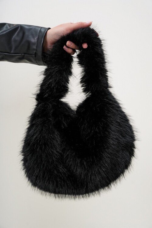 Siyah Tüylü Suni Kürük Omuz Çantası