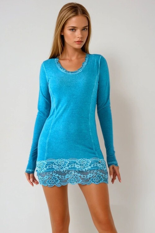 Mavi U Yaka Dantel Detaylı Uzun Kollu Mini Elbise