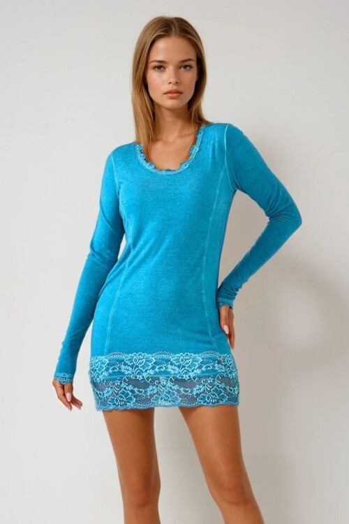 Mavi U Yaka Dantel Detaylı Uzun Kollu Mini Elbise