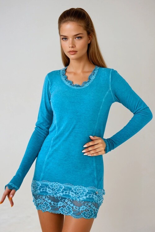 Mavi U Yaka Dantel Detaylı Uzun Kollu Mini Elbise