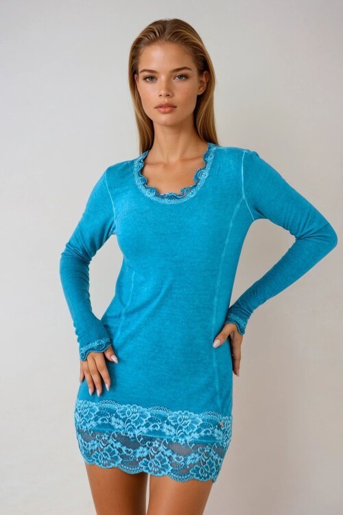 Mavi U Yaka Dantel Detaylı Uzun Kollu Mini Elbise