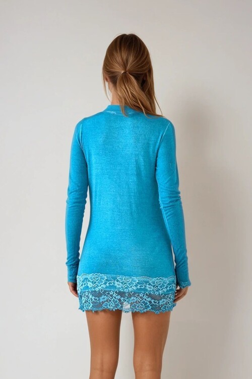 Mavi U Yaka Dantel Detaylı Uzun Kollu Mini Elbise