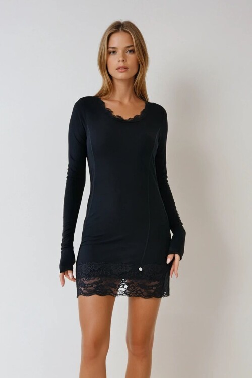 Siyah U Yaka Dantel Detaylı Uzun Kollu Mini Elbise