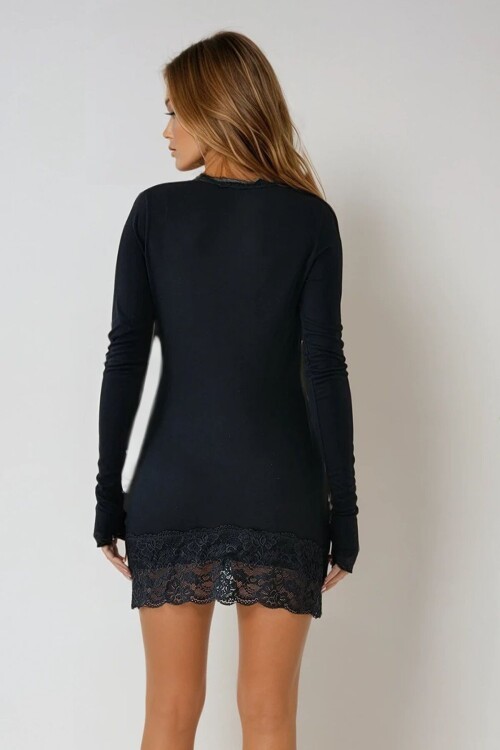 Siyah U Yaka Dantel Detaylı Uzun Kollu Mini Elbise