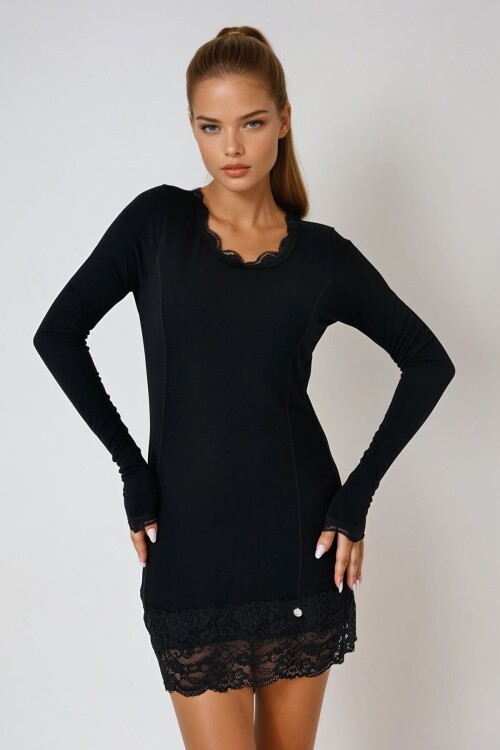 Siyah U Yaka Dantel Detaylı Uzun Kollu Mini Elbise