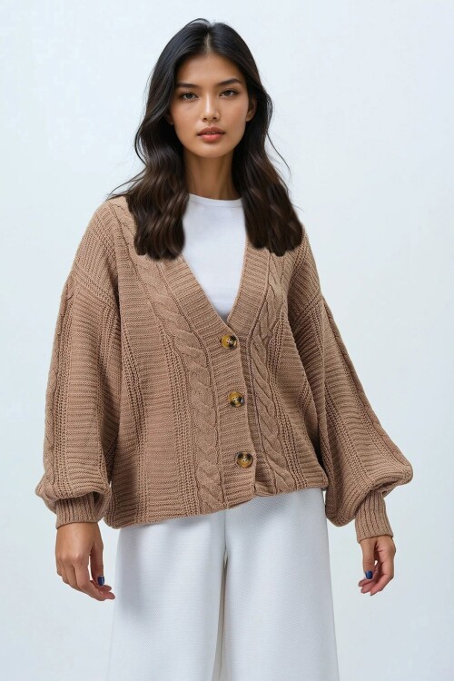 V Yaka Saç Örgü Desenli Balon Kol Triko Hırka