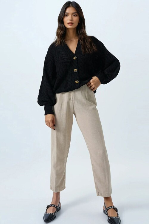 V Yaka Saç Örgü Desenli Balon Kol Triko Hırka