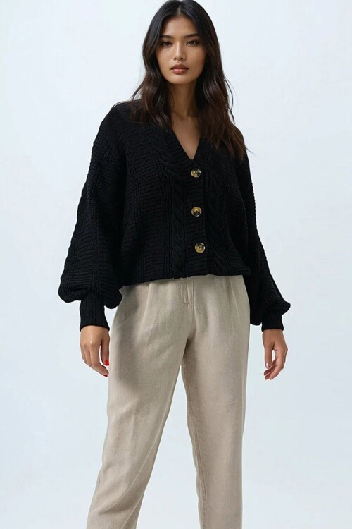 V Yaka Saç Örgü Desenli Balon Kol Triko Hırka