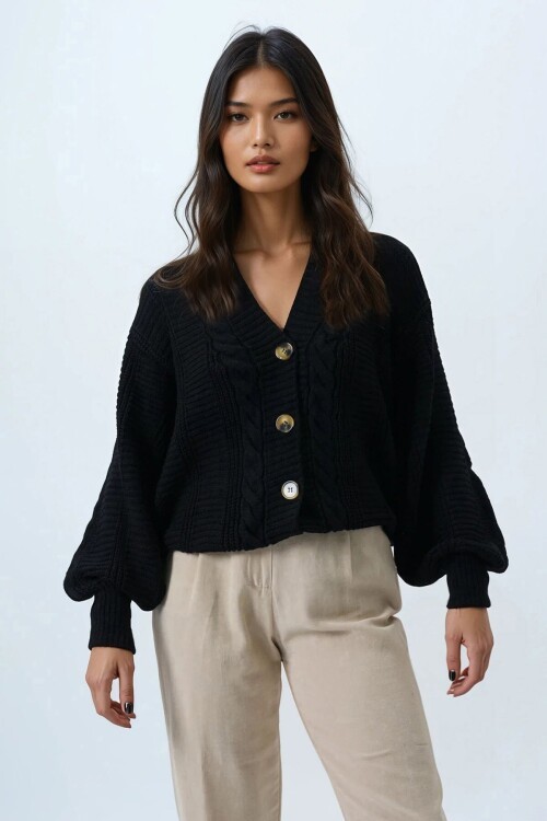 V Yaka Saç Örgü Desenli Balon Kol Triko Hırka