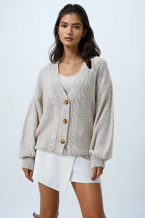 V Yaka Saç Örgü Desenli Balon Kol Triko Hırka