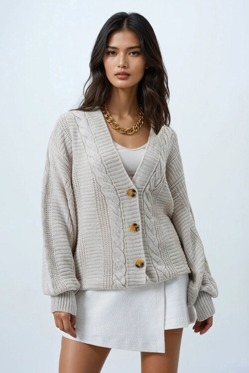 V Yaka Saç Örgü Desenli Balon Kol Triko Hırka