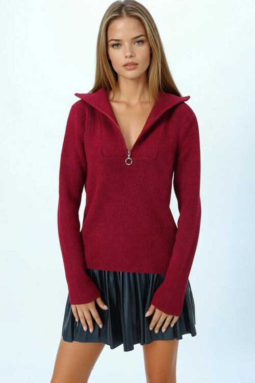 Yarım Fermuarlı Dik Yaka Triko Bluz