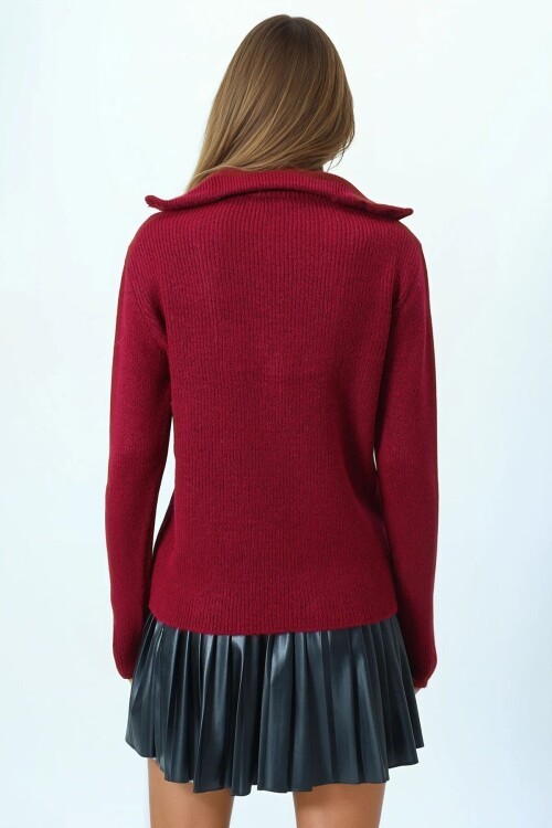 Yarım Fermuarlı Dik Yaka Triko Bluz