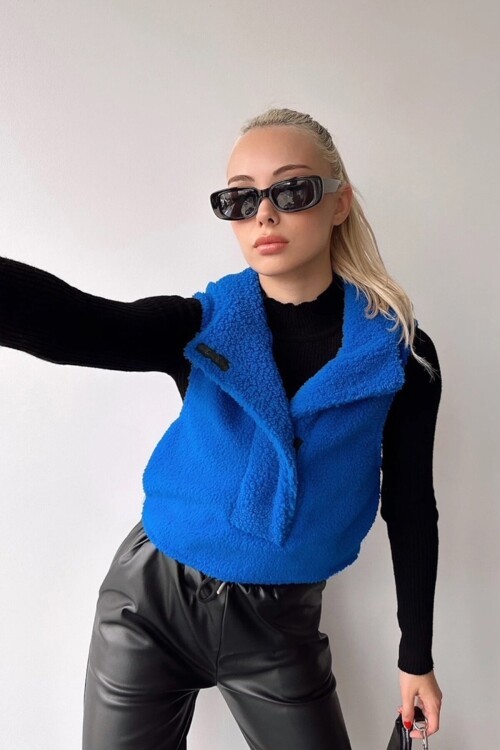 Saks Yarım Pat Ceket Yaka Kapüşonlu Peluş Yelek