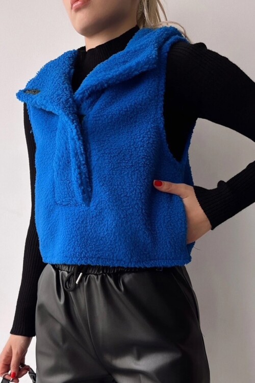 Saks Yarım Pat Ceket Yaka Kapüşonlu Peluş Yelek