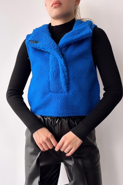 Saks Yarım Pat Ceket Yaka Kapüşonlu Peluş Yelek