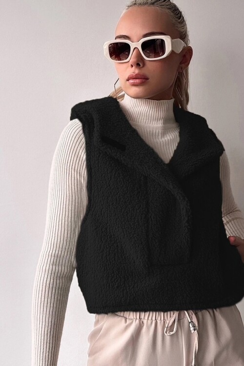 Siyah Yarım Pat Ceket Yaka Kapüşonlu Peluş Yelek