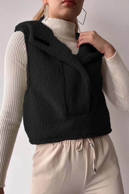 Siyah Yarım Pat Ceket Yaka Kapüşonlu Peluş Yelek