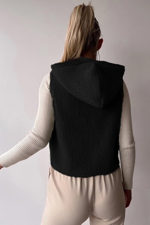 Siyah Yarım Pat Ceket Yaka Kapüşonlu Peluş Yelek