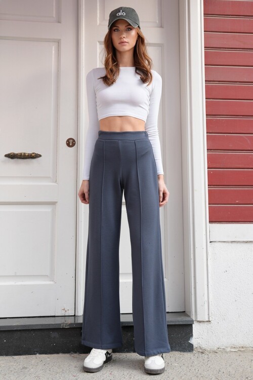 Yüksek Bel Beli Lastikli Çımalı Palazzo Pantolon