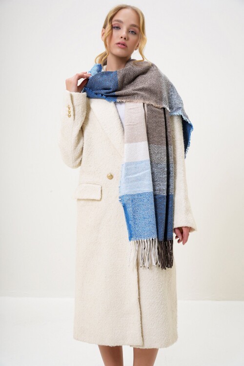 Kahve-Mavi Yün Karışımlı Renk Bloklu Şal