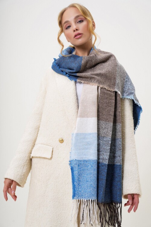 Kahve-Mavi Yün Karışımlı Renk Bloklu Şal