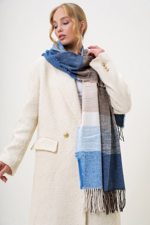 Kahve-Mavi Yün Karışımlı Renk Bloklu Şal