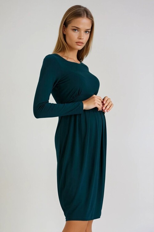 Zümrüt Yeşili Yuvarlak Yaka Çeyrek Kol Beli Büzgülü Pileli  Elbise