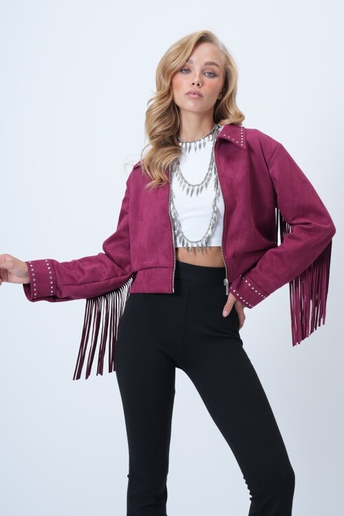 Zımba Detaylı Sırtı Püsküllü Astarlı Süet Ceket