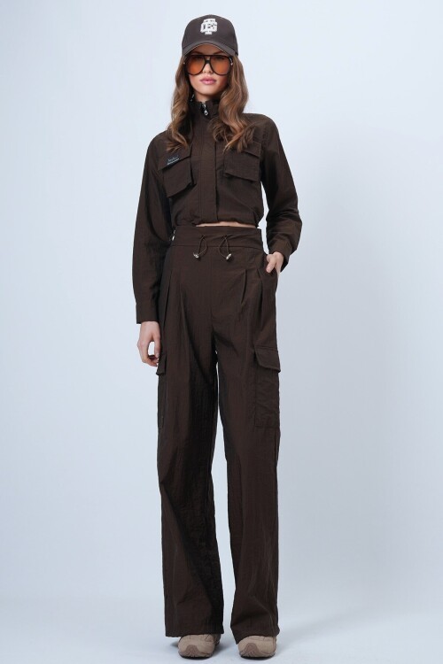 Hakim Yaka Çift Kapak Cepli Ceket Ve Bol Paça Pantolon Takım